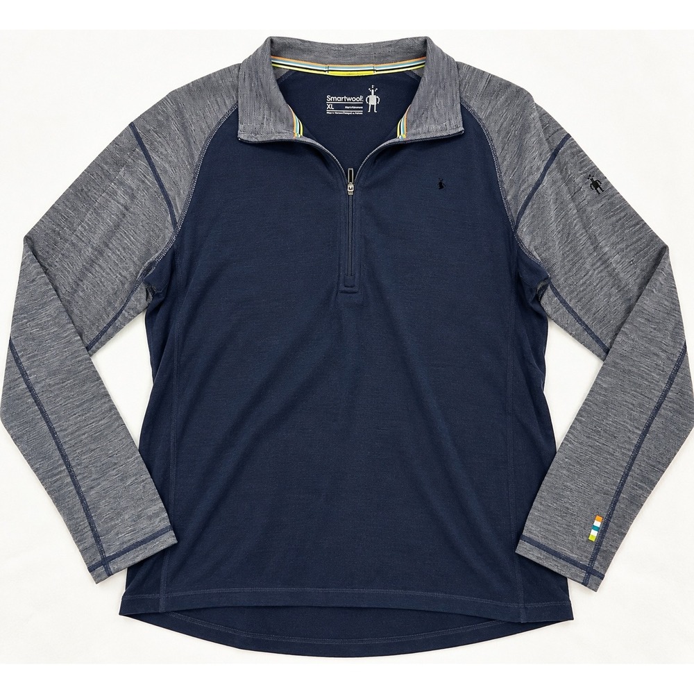 Smartwool Merino Wool 1/4 Zip Base Layer Top XL Navy Gray Colorblock Outdoor